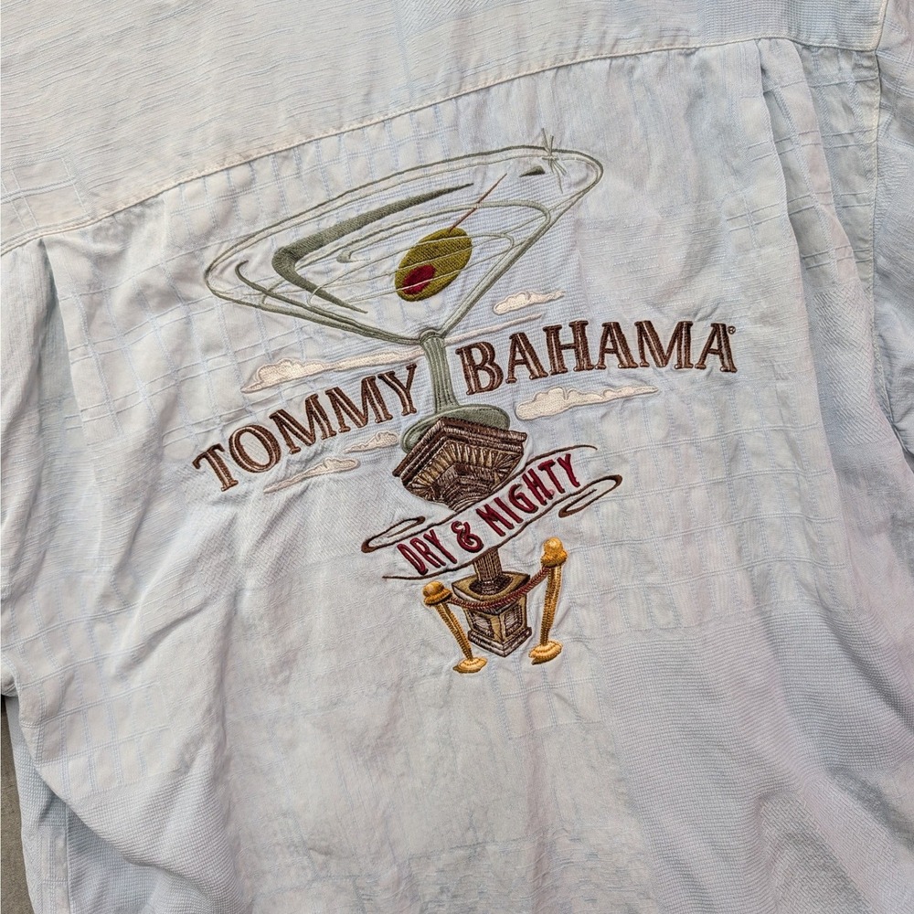 Tommy Bahama Mens Blue 100% Silk Dry & Mighty Martini Embroidered Camp Shirt M